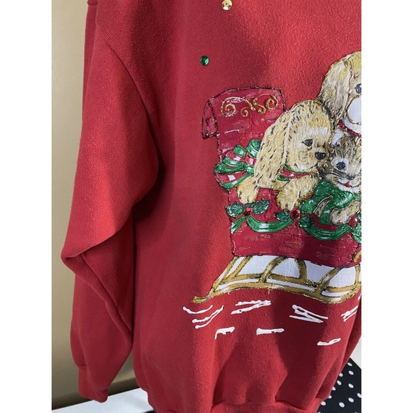 Vintage Embroidered/ Puppies In Sleigh Santa With Gifts 2side Sweatshirt Size XL - Picture 10 of 16